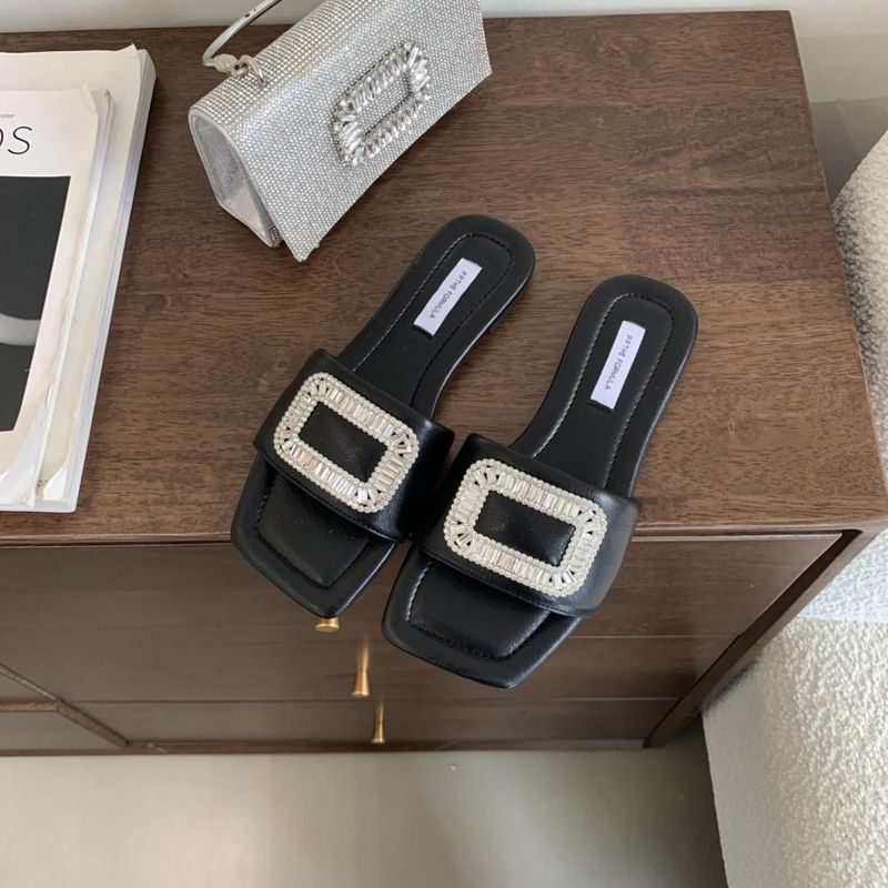 Bottone con diamante ad acqua per capispalla estivi da donna 2024 Pantofole a fondo piatto con testa quadrata nera versatili di nuova moda_voghion.com