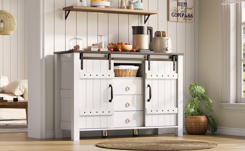 Buffetschrank Bianco 120cm Con Schiebetüren, 3 Schubladen, Rustikaler Holzstil_voghion.com