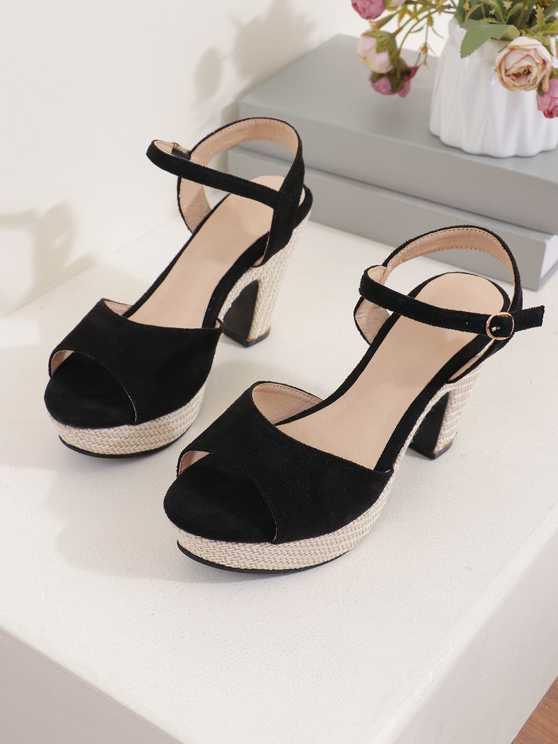 Einreihige Riemchensandalen mit Riemchen und hohen Absätzen, geflochtene Strohsandalen, jede Mode, Fischmaul, dicke Sohle_voghion.com