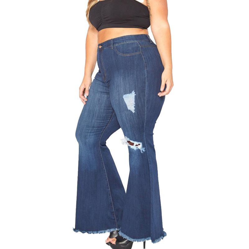 Women's clothing sexy fashion knee hole stretch slim denim flared pants_voghion.com