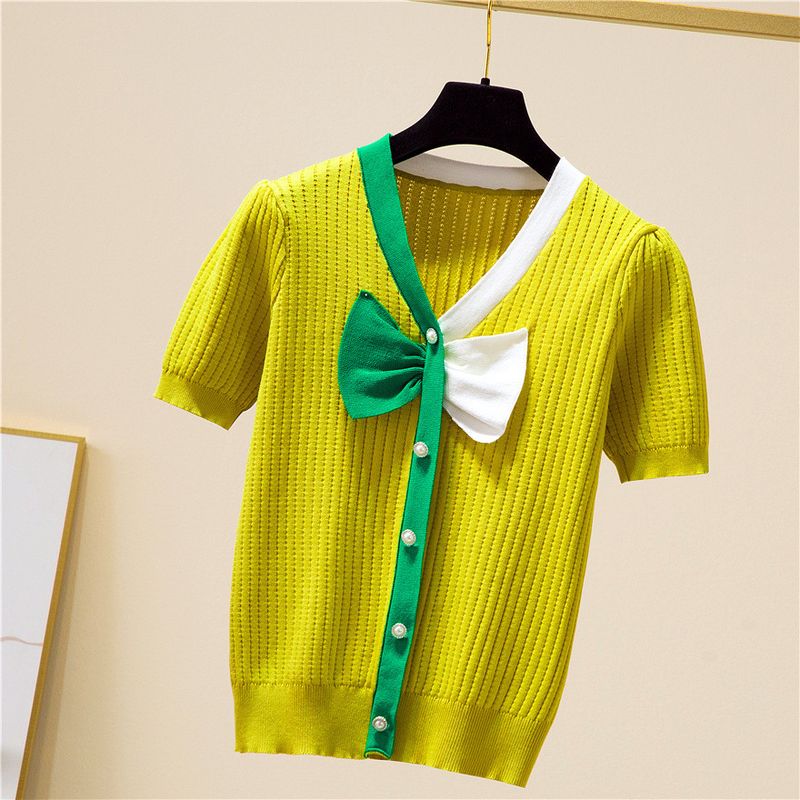 Women's Clothing v neck bow color matching knitted cardigan women's summer new short slim button top_voghion.com