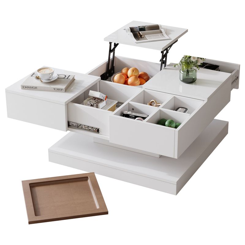Table basse relevable 75,5 x 75,5 x 38 cm avec 4 compartiments de rangement, table de salon multifonctionnelle blanc brillant et ton bois, table d'appoint avec plateau amovible._voghion.com