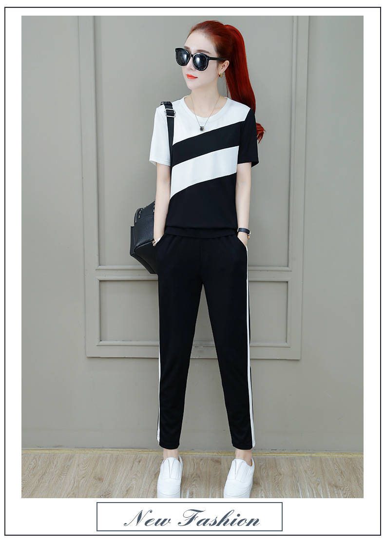 2025 Summer Women's Korean Style Loose Plus Size Color Block Short Sleeve T-Shirt And Long Pants Running Casual_voghion.com