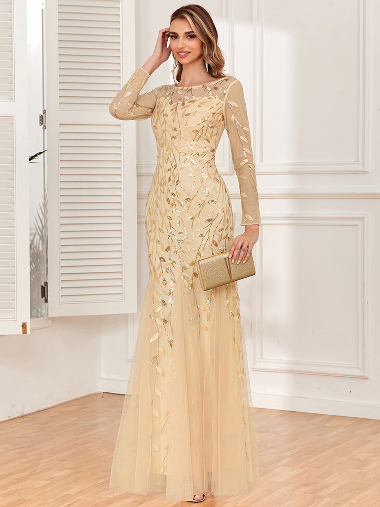 2023 heißer Verkauf Meerjungfrau Abendkleider Oansatz Volle Hülse Tüll Stickerei Lange Party Kleid Elegante Formale Kleid_voghion.com