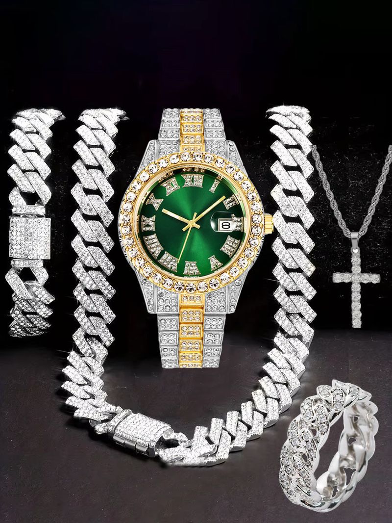 Orologio Hip Hop tempestato di diamanti, composto da cinque pezzi, con collana a croce a forma di diamante e anello cubano._voghion.com