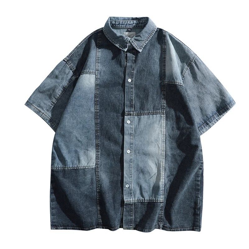Camicia in denim con colori a contrasto e patchwork da uomo, design estivo, versatile, ampia, giacca casual_voghion.com