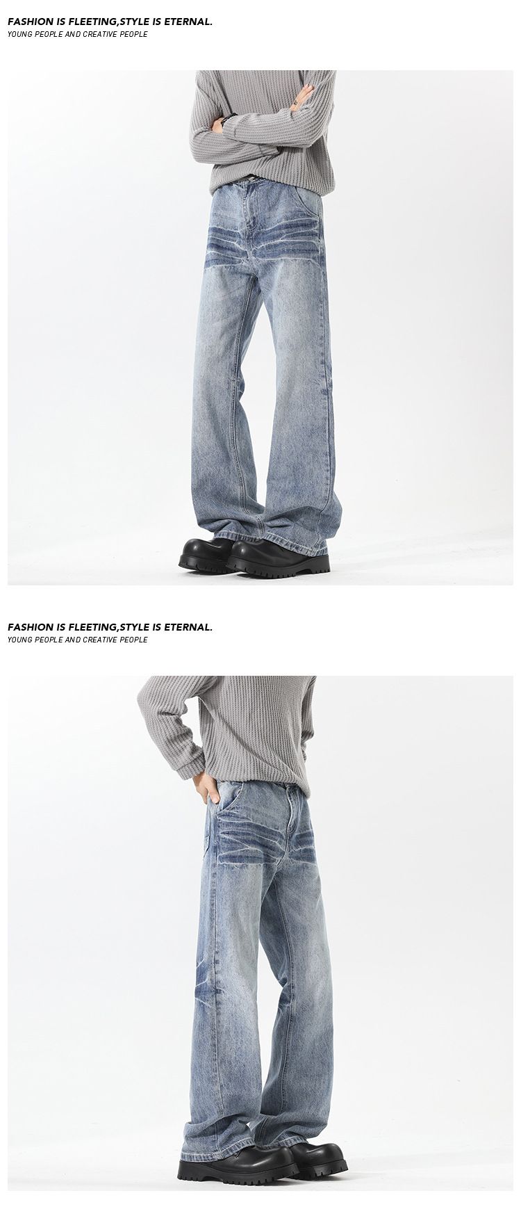 Cleanfit Cat Whisker Jeans For Men – Vintage Washed Stretch Denim With Subtle Flare (M-5XL) – High Street Baggy Trousers For Urban Streetwear_voghion.com