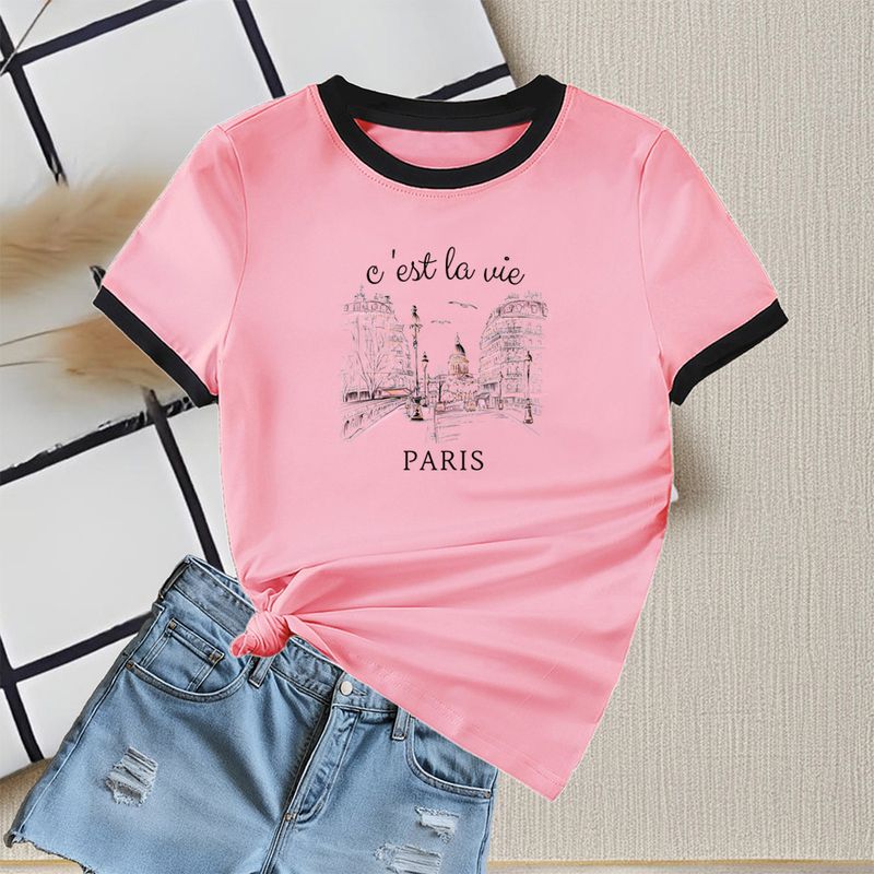 2025 New Summer Round Neck Contrasting Color Blocked Short Sleeved Casual Slim Fit Women's T-shirt Versatile Top_voghion.com