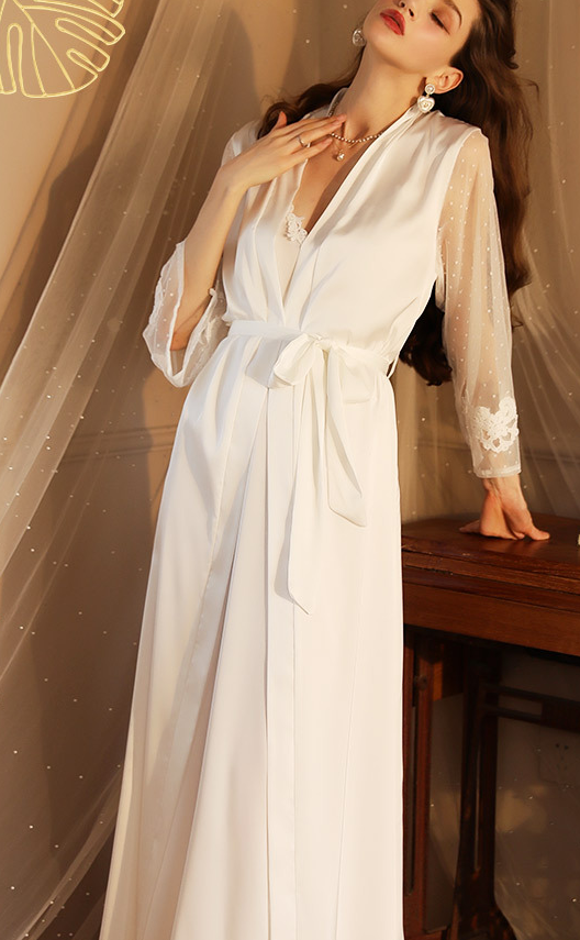 Neues sexy Nachthemd plus langer Bademantel-Schlafanzug für Damen, langärmelig, Damen-Satin, Heimkleidung, dünne Generation 6076_voghion.com