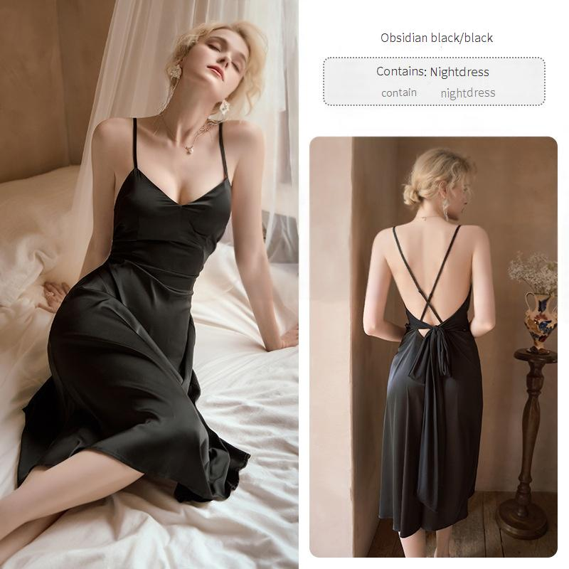 Sexy Nachtwäsche Bequemer, einfacher Pyjama aus Eisseide, Sling-Nachthemd mit Schnürung, äußere Robe, weiblicher Heimkleidungsanzug_voghion.com