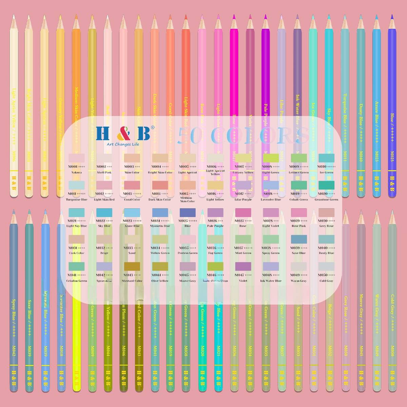 H&B 50 Colors Macaron Oil-Based Colored Pencils Set With Pink Tin Case - Soft & Vibrant Shades For Drawing, Sketching, And Art Projects_voghion.com