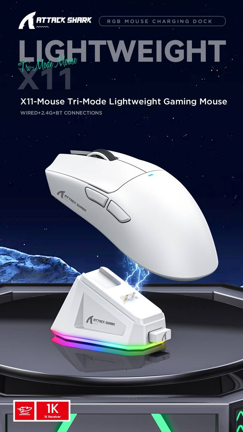 Attack Shark X11 Tri-mode Bluetooth Wireless Gaming Mouse With With Magnetic Charging Dock Lightweight Anti Slip Mouse PixArt PAW3311 Sensor 22K DPI_voghion.com