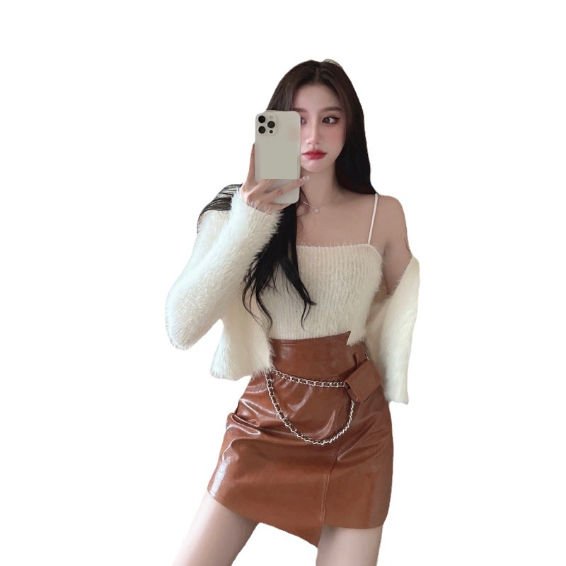 Sexy Zweiteiler-Set aus Nerzimitat mit V-Ausschnitt für Damen – Ärmelloses Tanktop und kurze Strickjacke – Slim Fit-Outfit in reinen Farben (Einheitsgröße)_voghion.com