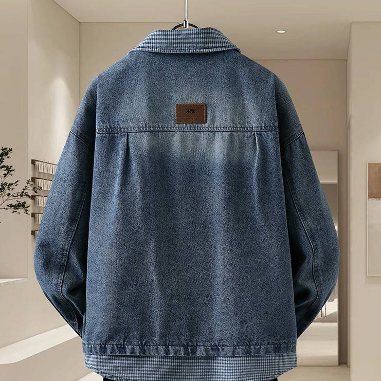 Giacca da uomo in misto denim e cotone – Design con pannelli a contrasto di ispirazione coreana, colletto con cerniera slim fit (abbigliamento casual da strada, essenziale per primavera/autunno)_voghion.com