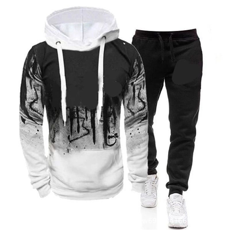 Tuta sportiva casual da uomo con cappuccio e maniche lunghe stampate e pantaloni in pile per la protezione dal freddo_voghion.com