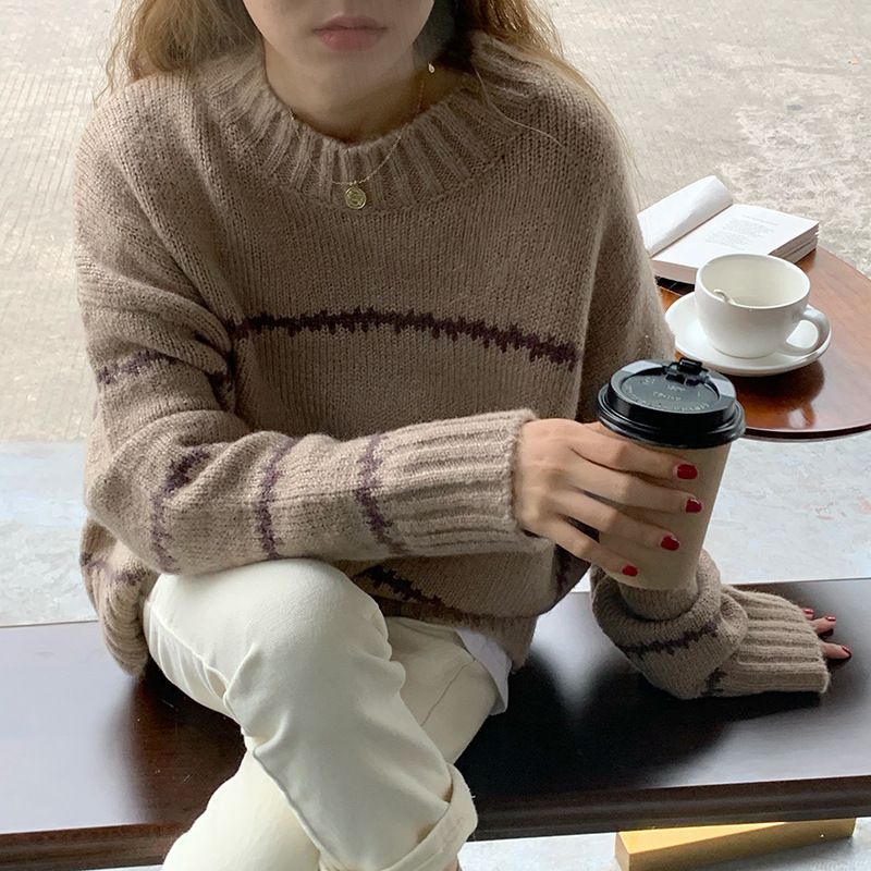 Japanese Retro Striped Knit Sweater Women's Loose Fit Long Sleeve Turtleneck Pullover - Soft Comfortable Chunky Knit Casual Top_voghion.com