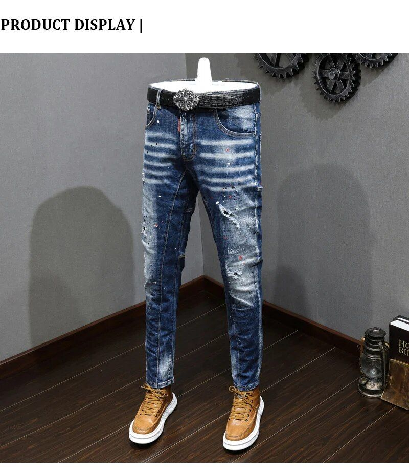 Jean déchiré rétro bleu pour hommes, pantalon en denim, slim, peint, style coréen, vintage, décontracté_voghion.com