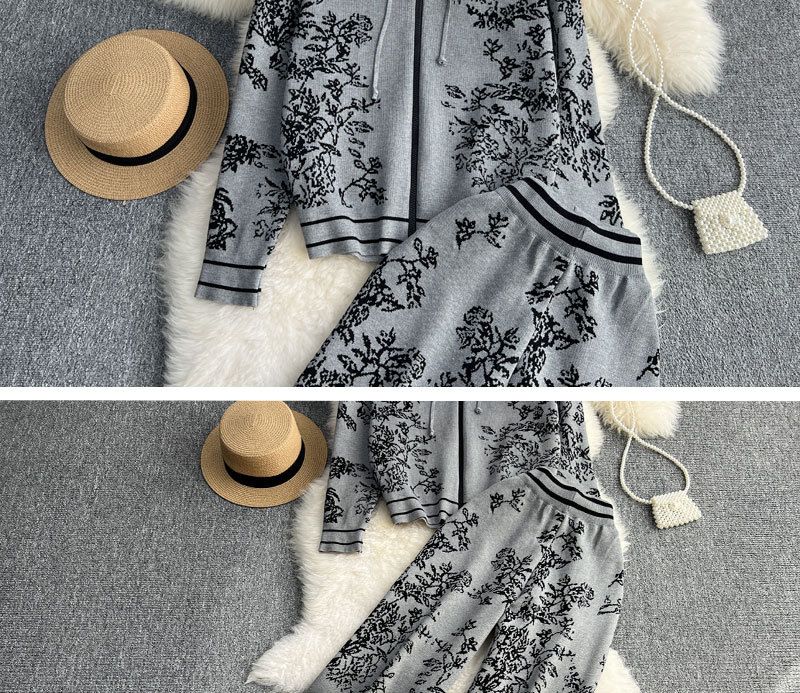 Sweat-shirt tricoté à capuche et fermeture éclair en jacquard pour femmes, ensemble deux pièces, taille haute, pantalon à jambes larges_voghion.com