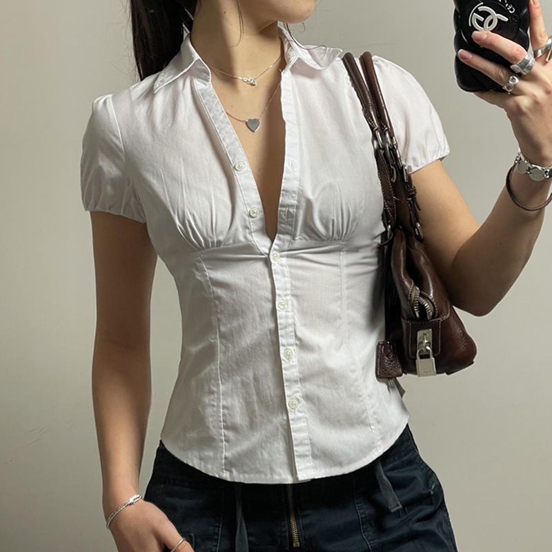 2024 Academy Style Bella Stessa dolce e piccante ragazza seno Top con cintura in vita manica corta camicia per le donne_voghion.com