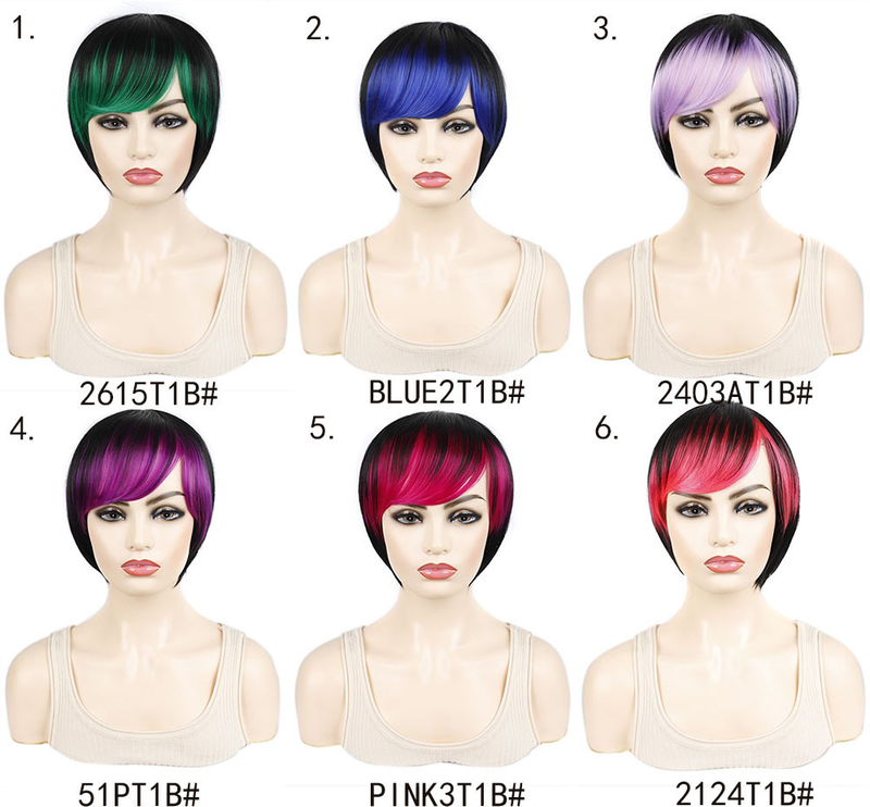 Parrucca sintetica Corta frangia dritta sbiancata e tinta obliqua colorata per donna in fibra sintetica opzionale multicolore_voghion.com
