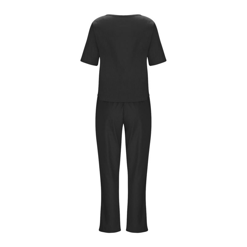 Sommeranzug aus Baumwolle und Leinen für Damen, halbärmeliges, übergroßes Überziehhemd mit O-Ausschnitt, Hosenset mit weitem Bein, Heimkleidung_voghion.com