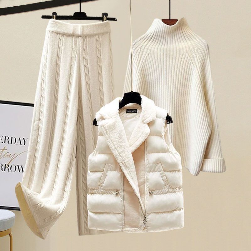 Vêtements pour femmes nouveaux costumes pour femmes gilet épais col haut pull tricoté pantalon large costume trois pièces automne et hiver_voghion.com