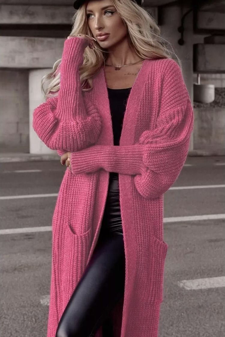 Women's Clothing Long Sleeve Batwing Pocket Cardigan Sweater - Oversized V-Neck Open Front Knit Coat In Soft Acrylic, Elegant Longline Design_voghion.com