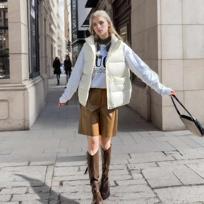 Gilet in cotone con colletto rialzato, gilet corto da donna, gilet versatile_voghion.com
