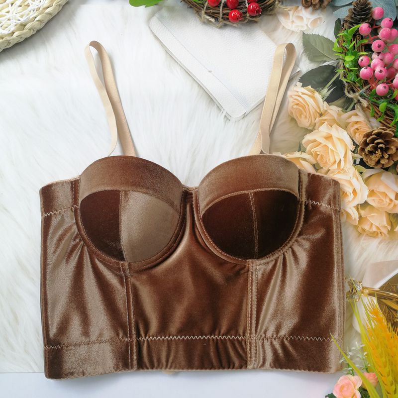 Vêtements pour femmes, bretelles en velours, vêtements d'extérieur, soutien-gorge en arête de poisson, couleur unie, velours coréen avec anneau en acier, gilet gainant, style court, haut tube polyvalent_voghion.com