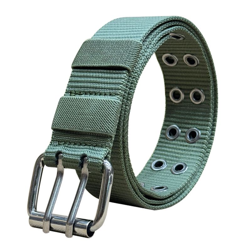 Canvas Men And Women Trendy Double Pin Buckle Punk Belt Casual Cargo Pants Waistband_voghion.com