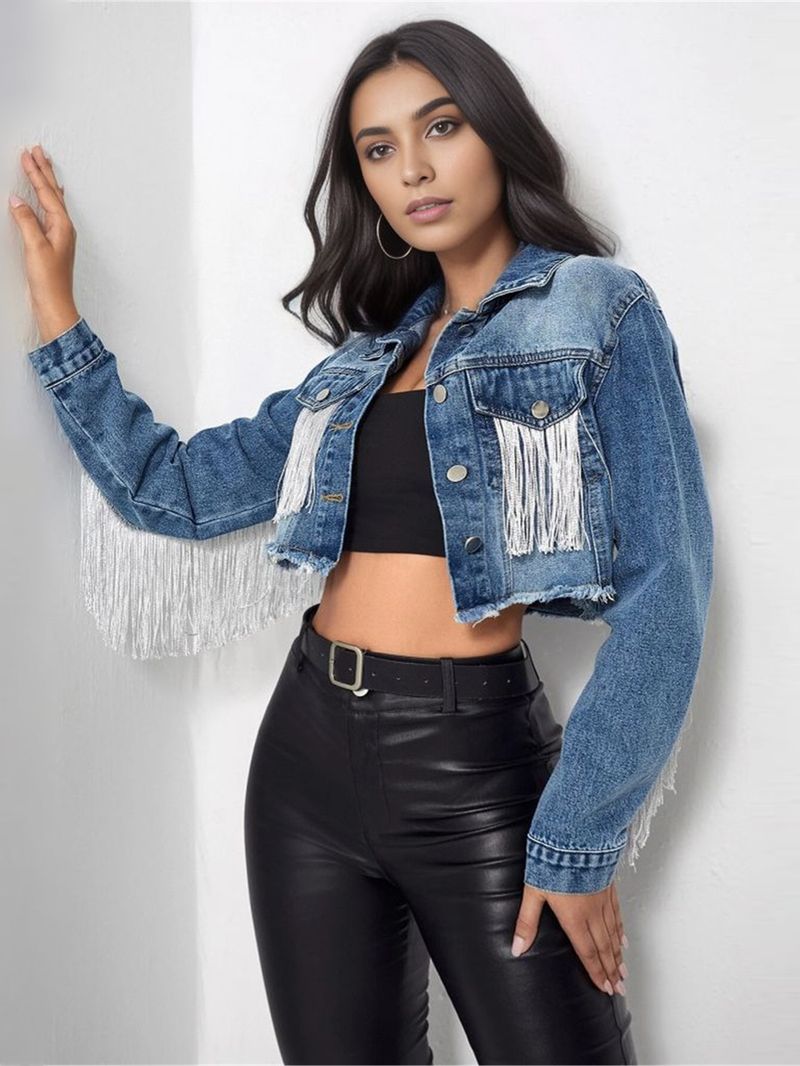 Women's Fashion Fringe Denim Jacket - Stylish Oversized Short Coat With Long Sleeves, Casual Streetwear For Spring_voghion.com