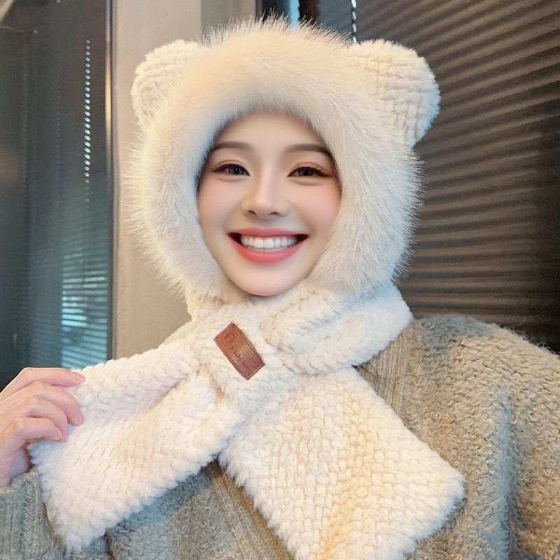 2025 Autumn Winter Women Cute Warm Neck Protection Scarf Integrated Fleece Lined Thickened Plush Hat Versatile_voghion.com