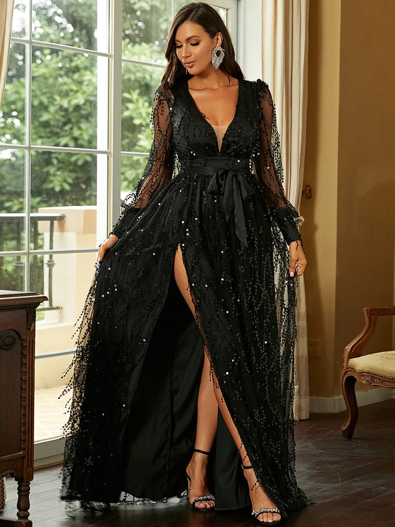 2024 frauen Herbst Neue Schwarz Seide Mesh Pailletten Display Bankett Event Abend Langes Kleid_voghion.com