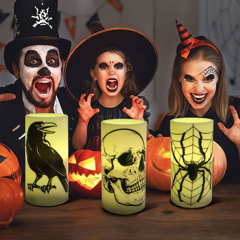 Gruseliges Halloween LED-Kerzen-Set – 3-teilige flammenlose Flackerkerzen mit Totenkopf-, Raben- und Spinnen-Motiven_voghion.com