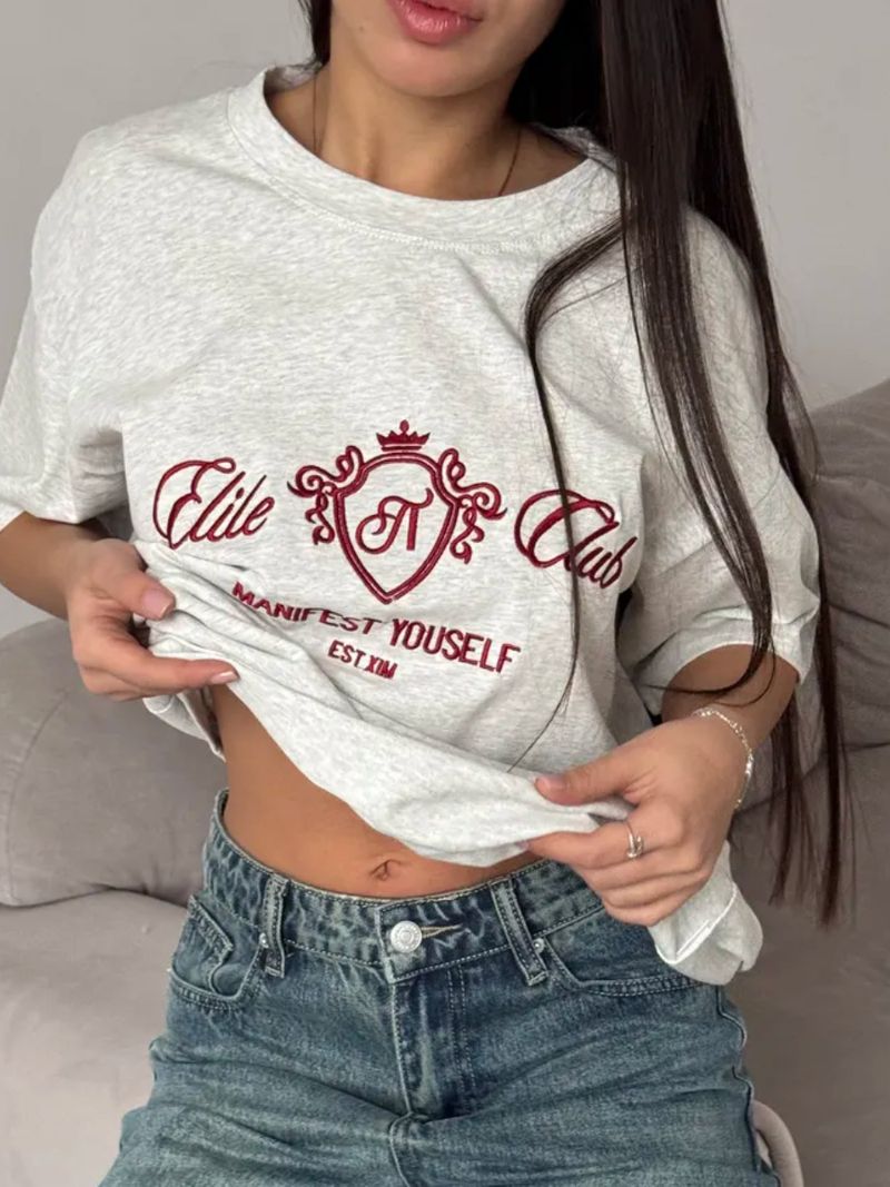 Damenbekleidung T-Shirt Tops Für Frauen Im Sommer Freizeit Lazy Letters Stickerei Drop Shoulder Rundhalsausschnitt Kurze Ärmel Für Frauen_voghion.com