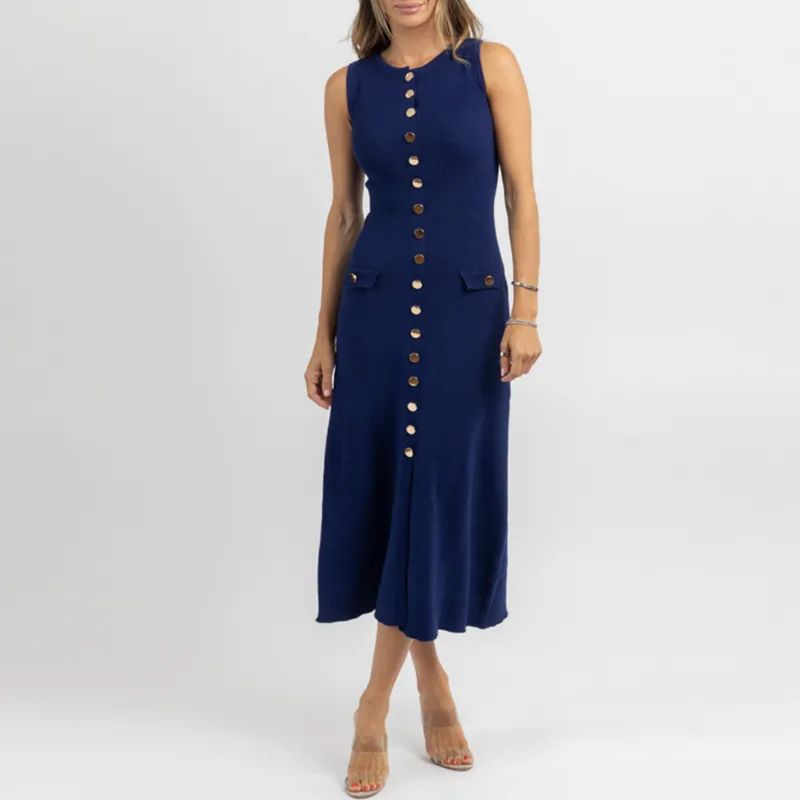 Summer New Women's Round Neck Single-Breasted Sleeveless Pocket Decorated Knitted Slim Long Dress_voghion.com