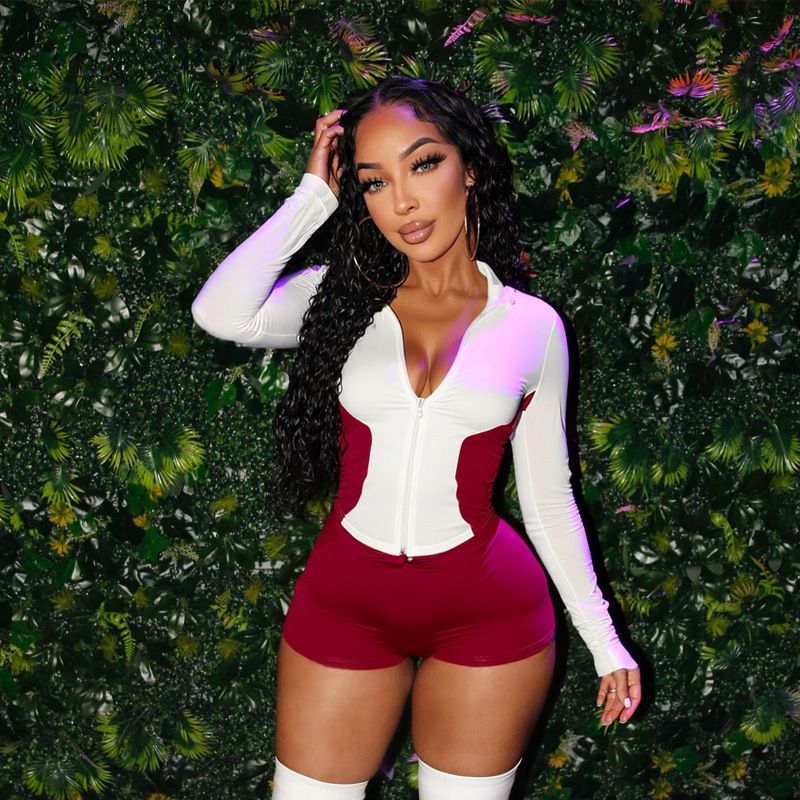 Women's Fashion Two-Piece Set: High-Neck Zip-Up Pullover With Contrast Color Blocking & Knotted Shorts - Streetwear Outfit_voghion.com