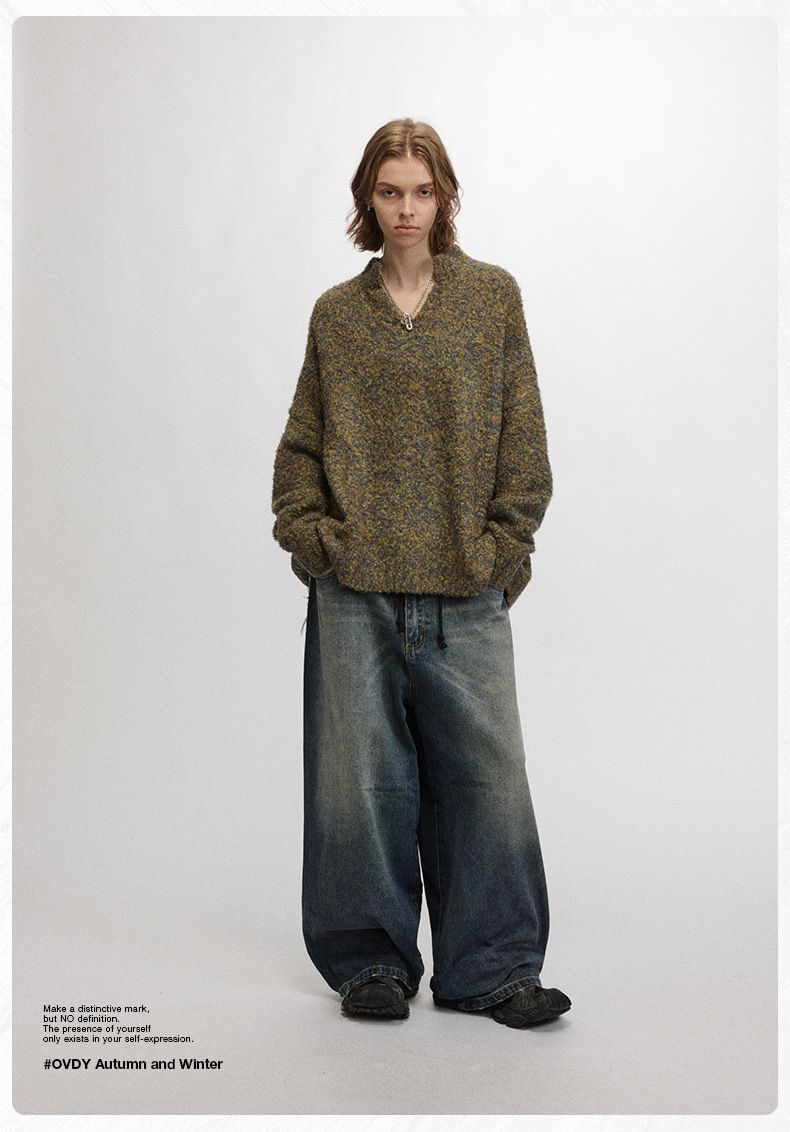 #OVDY Autumn/Winter Lazy Style 2024 New Solid Color Simple American Small V-neck Loose Knitted Sweater_voghion.com