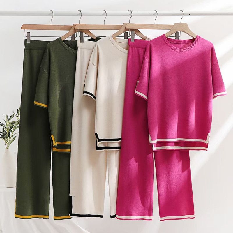 Abbigliamento da donna semplice giunzione maglione sciolto a maniche corte pantaloni con spacco superiore abito a due pezzi lavorato a maglia_voghion.com