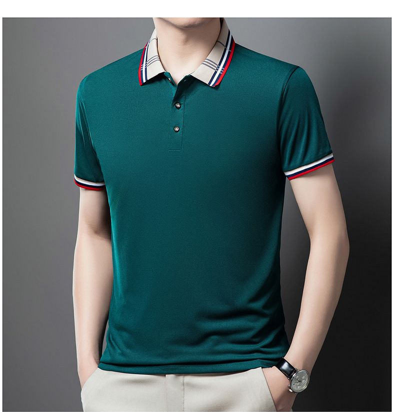 Herrkläder Sommar Herr Kortärmad pikétröja Business Casual Jacquard Lapel T-shirt Ice Silke Andas Casual All Match pikétröja_voghion.com