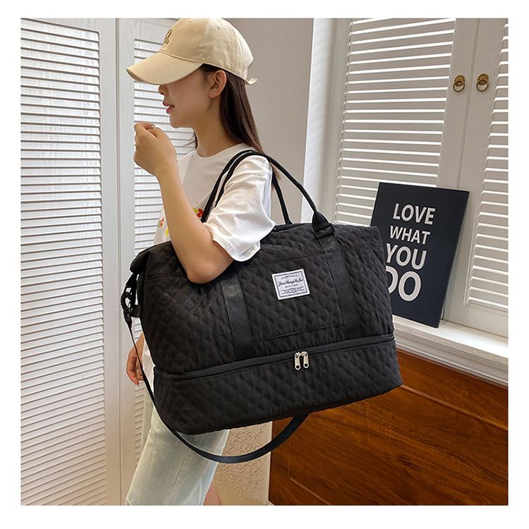 Large Shoe Compartment Travel Bag, Stylish Short Trip Tote With Diamond Quilted Design, Waterproof Gym & Yoga Duffel_voghion.com