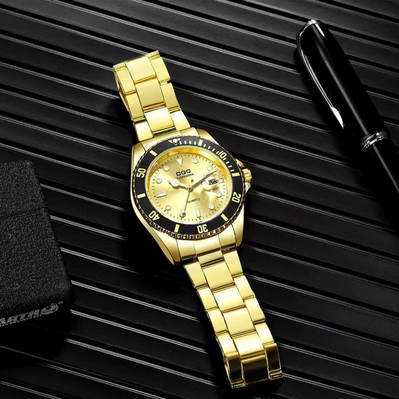 Gold Large Dial Quartz Steel Band Single Calendar Men's Watch_voghion.com