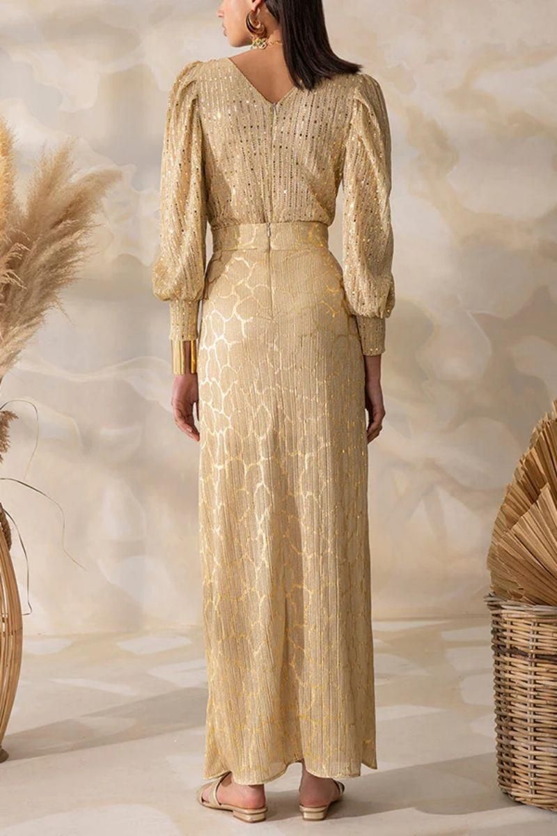 Zweiteiliges Bankett-Abendkleid für Damen mit sexy Pailletten, V-Ausschnitt und Schlitz, langem Rock_voghion.com