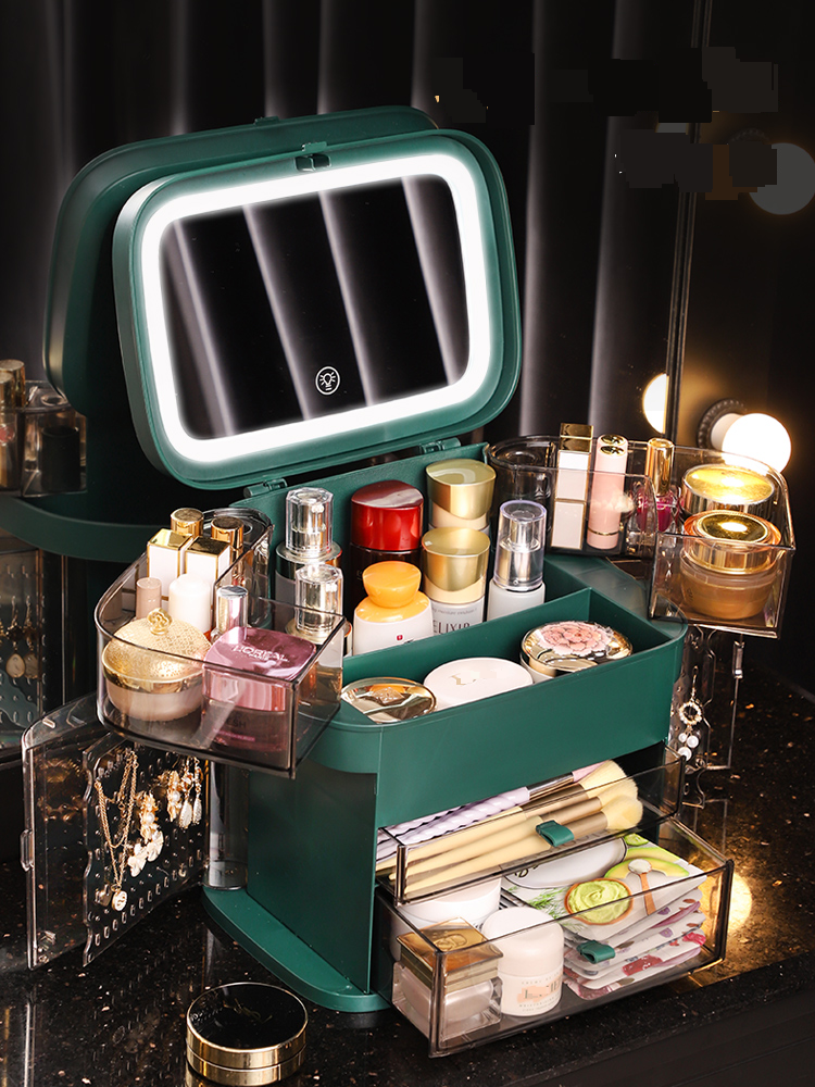 Cosmetic Storage Box Super Hot Large Capacity Portable Skin Care Box With Mirror Makeup King Gold_voghion.com