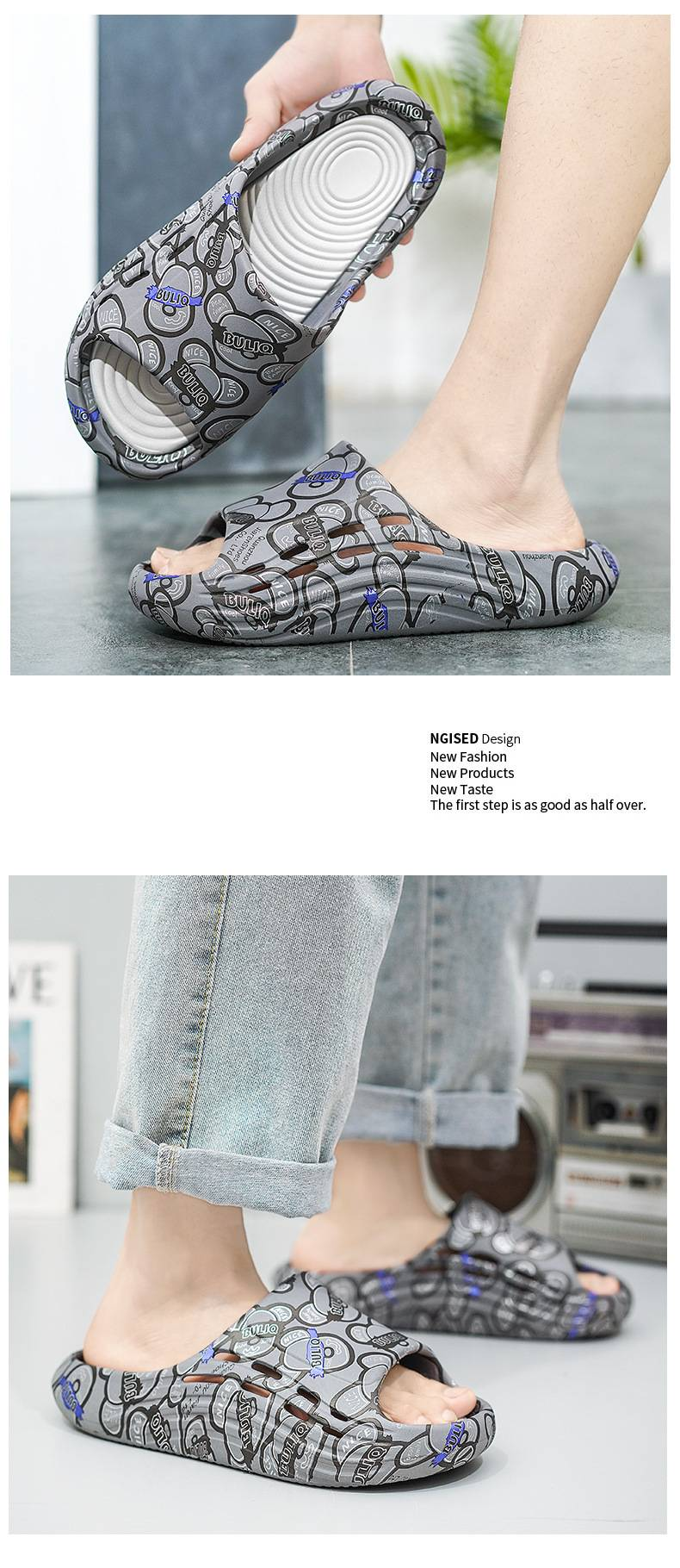 Trendy Outdoor-Slides – Dick gepolsterte, rutschfeste und geruchsabweisende Sandalen mit Wolkenschaumstoff und modischem Aufdruck für Strand/Fitnessstudio_voghion.com