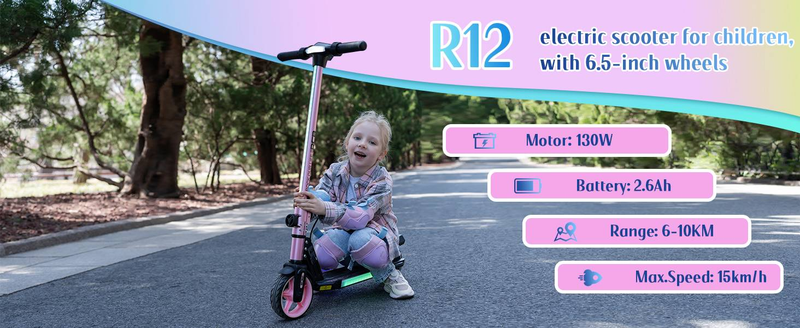 RCB R12 Elektroroller für Kinder im Alter von 6–12 Jahren, max. 15 km/h und 10 km, 6,5 Zoll, faltbar, LED-Display, LED-Regenbogenlicht, zwei Bremsarten, Geschenk für Kinder_voghion.com