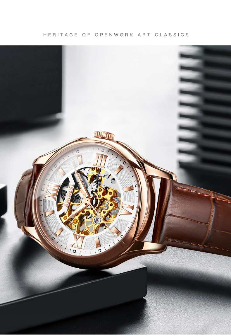 Montre squelette automatique pour homme avec bracelet en cuir, étanche et lumineuse, design ajouré double face, montre mécanique tendance_voghion.com