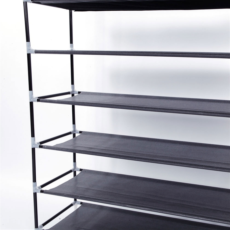 Étagère à chaussures extra large de 100 cm à 10 niveaux, étagères pliables en tissu non tissé et cadre en métal noir | Rangement compact pour entrée, placard ou dortoir_voghion.com