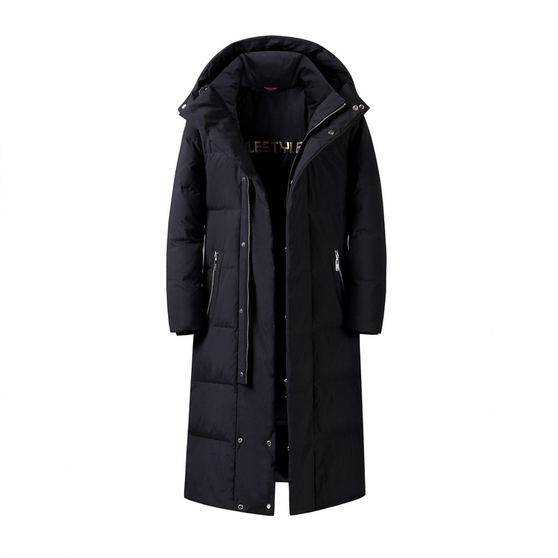 Herrenbekleidung Unisex Langer Daunenmantel mit Kapuze – Ultrawarme Winterjacke für extreme Kälte (-30 °C), wasserdicht und atmungsaktiv, 600 Fill Power Entendaunen_voghion.com