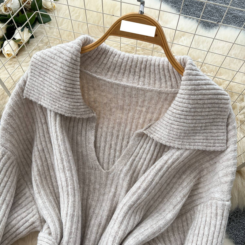 Elegant Lazy Style Knit Sweater Set With Belted Waist & High-Waisted Pants – Oversized Lapel Long Sleeve Two-Piece Outfit In Dark Gray / Beige_voghion.com